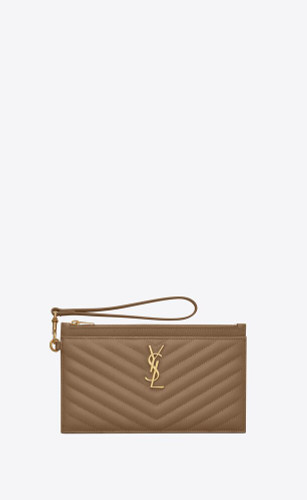 SAINT LAURENT Quilted Cassandre Large Zipped Pouch In Grain De Powder Embossed Leather