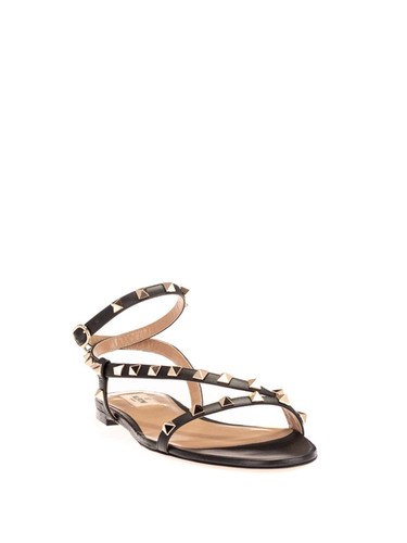 VALENTINO Rockstud Flat Calfskin Sandal - Nero