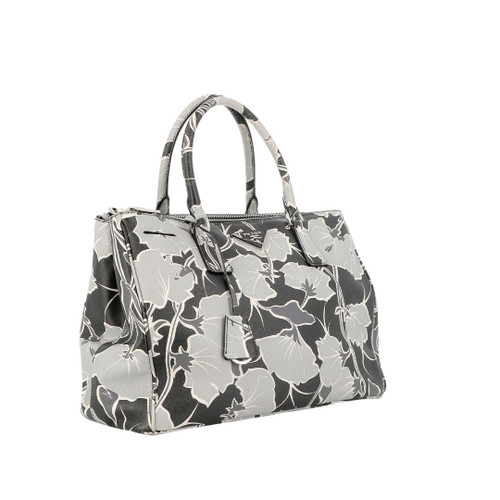 PRADA saffiano Black And White Floral Print Leather Handbag Image 3