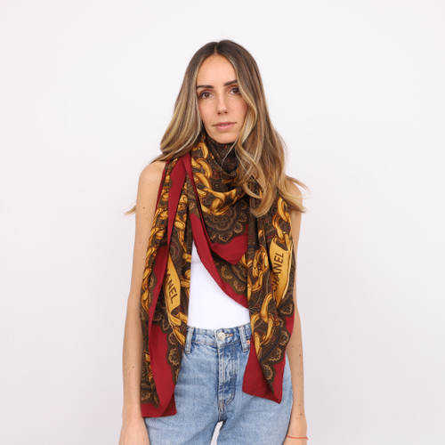 CHANEL Silk Scarf Burgundy And Gold Image 1