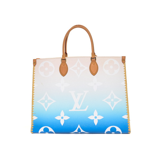 LOUIS VUITTON Onthego Tote Bag Leather Monogram Beige/Blue (Pre-Loved)