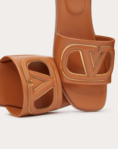 VALENTINO Vlogo Slide Slippers In Open Calfskin - Almond Antique Brass