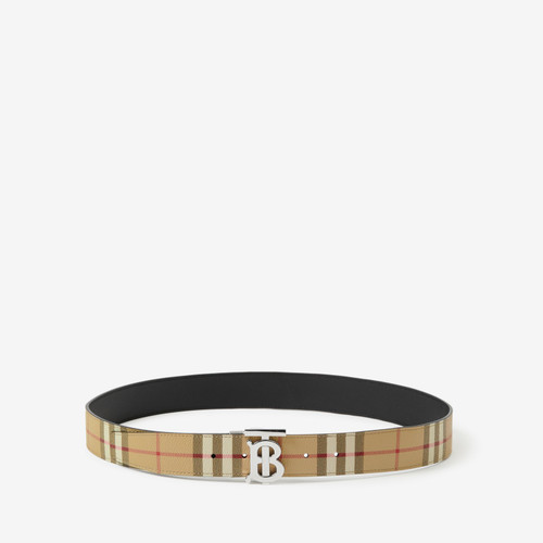 BURBERRY Check And Leather Reversible Tb Belt - Beige Silver