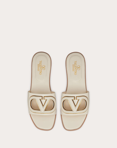 VALENTINO Vlogo Slide Slippers In Open Calfskin - Ivory Antique