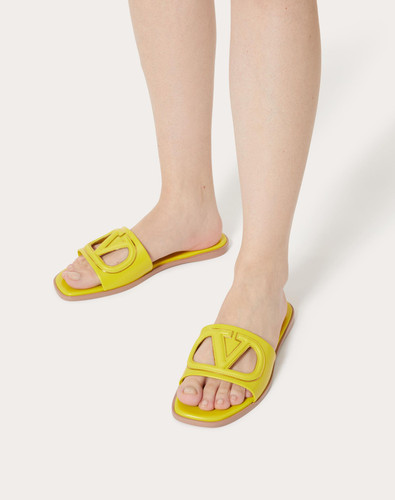 VALENTINO Vlogo Slide Slippers In Open Calfskin - Cedar Yellow Antique