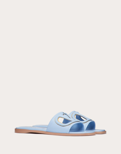VALENTINO Vlogo Slide Slippers In Open Calfskin - Azure Blue Antique