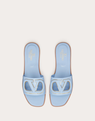 VALENTINO Vlogo Slide Slippers In Open Calfskin - Azure Blue Antique