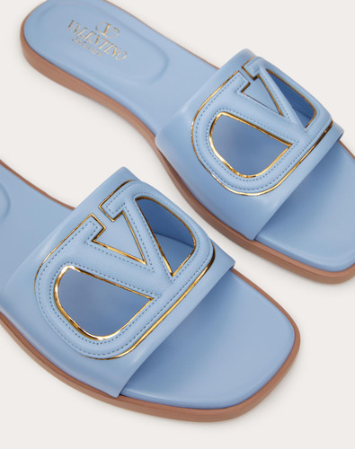 VALENTINO Vlogo Slide Slippers In Open Calfskin - Azure Blue Antique