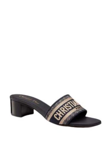 DIOR Dway Heeled Mule Dark Blue Embroidered Cotton