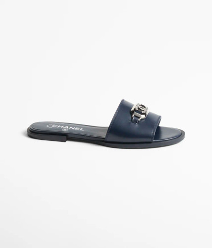 CHANEL Mules Shiny Calfskin & Metal Navy Blue