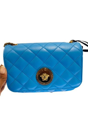 VERSACE  Medusa Nappa Quilted Black Leather Chain Crossbody Electric Blue