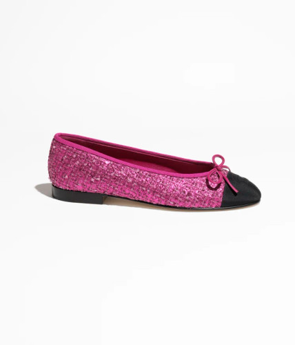 CHANEL Ballerinas Coated tweed & grosgrain Pink, dark pink & black Shoes