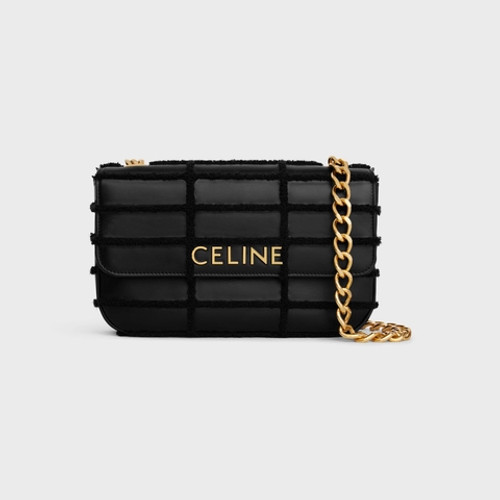 CELINE Celine Monochrome Quilted Shoulder Bag With Chain ​​quilted Calfskin With French Terry Embroidery Black