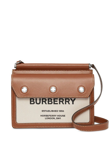 BURBERRY Mini Horseferry Print Leather And Canvas Title Bag in Natural/Malt Brown