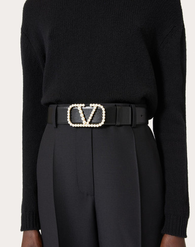 VALENTINO Vlogo Signature Reversible Belt In Shiny Calfskin With Pearls, Height: 40 Mm