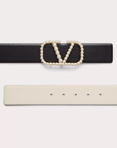 VALENTINO Vlogo Signature Reversible Belt In Shiny Calfskin With Pearls, Height: 40 Mm