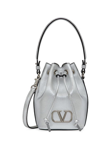 VALENTINO Mini Vlogo Signature Bucket Bag In Metallic Nappa Leather SILVER Image 1