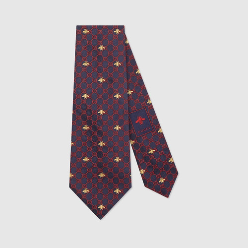 GUCCI Silk Tie With Gg And Bees Motif - Navy Blue Silk