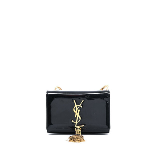 SAINT LAURENT Kate Chain Pompon Small shoulder bag Saint Laurent Patent leather Black