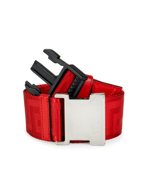 VERSACE Squeeze Buckle Box Frame Jacquard Web Belt RED Image 1