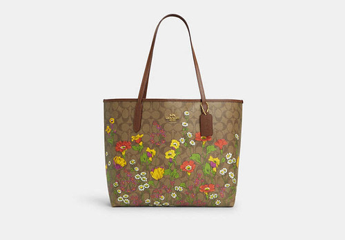 COACH City Tote In Signature Canvas With Floral Print GOLD/KHAKI MULTI Image 6