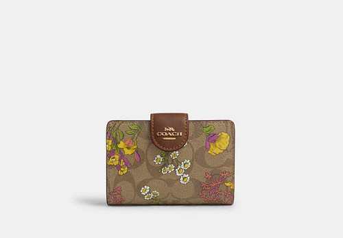 COACH Medium Corner Zip Wallet In Signature Canvas With Floral Print GOLD/KHAKI MULTI Image 1