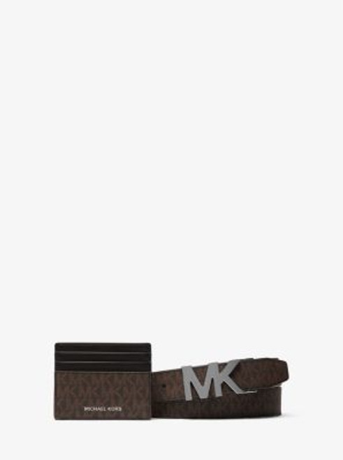 Michael Kors Signature Logo Card Case And Belt Gift Set - Brown Black