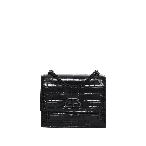 BALENCIAGA Sharp Black Croc Embossed Leather Shoulder Bag