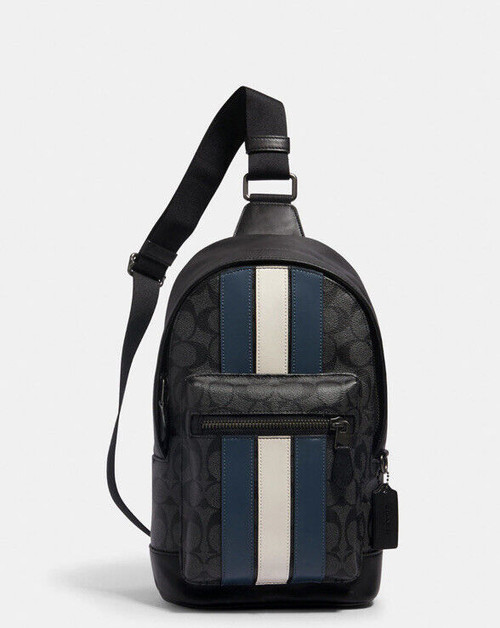 COACH  Men's West Pack Signature Varsity Stripe Leather Backpack Bag