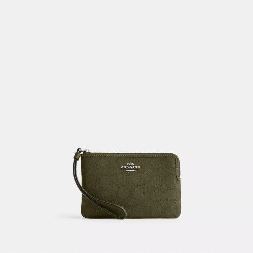 Coach Corner Zip Wristlet In Signature Jacquard - Non Leather/Silver/Olive Drab/Olive Drab