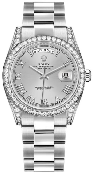 ROLEX Day-Date 36 Silver Roman Numeral Oyster Bracelet Gold Watch 118389-0121 Image 1 ROLEX Day-Date 36 Silver Roman Numeral Oyster Bracelet Gold Watch 118389-0121 Image 1