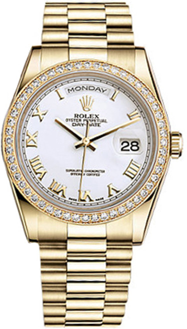 ROLEX Day-Date 36 White Roman Numeral Gold Watch 118348-0093 Image 1