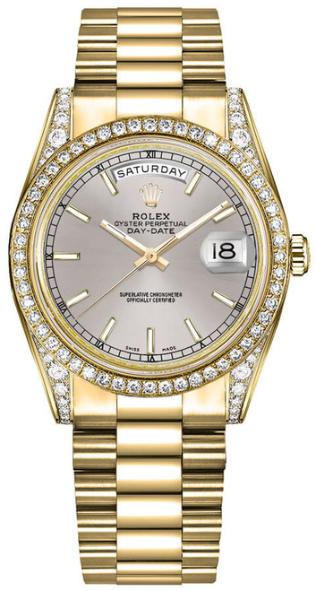 ROLEX Day-Date 36 Silver Dial Diamond Bezel Gold Watch 118388-0112 Image 1