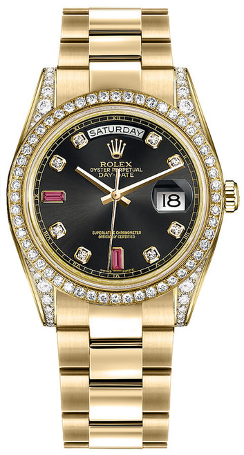 ROLEX Day-Date 36 Black Diamond Rubies Gold Watch 118388-0136 Image 1