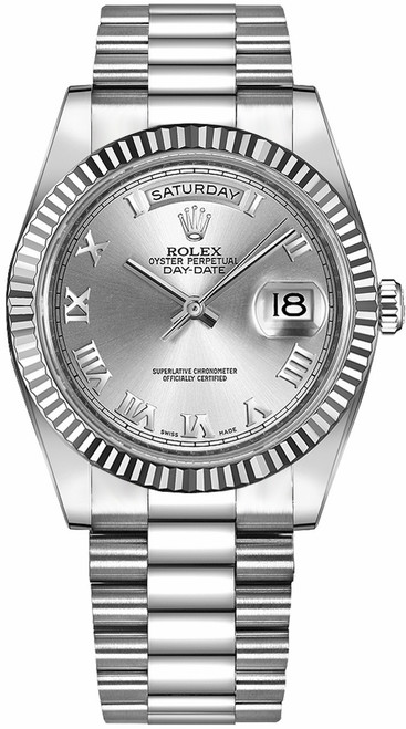 ROLEX Day-Date 41 Silver Roman Numeral Dial Men'S Gold Watch 218239 Image 1