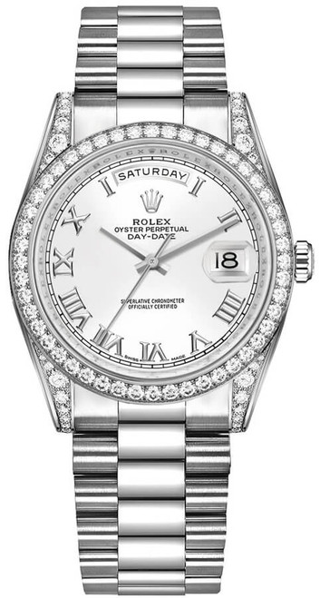 ROLEX Day-Date 36 White Roman Numeral Gold Watch 118389-0098 Image 1