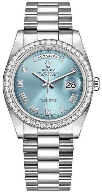 ROLEX Day-Date 36 Blue Roman Numeral Platinum Watch 118346-0023 Image 1