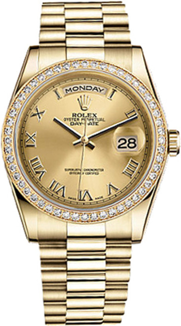 ROLEX Day-Date 36 Champagne Roman Numeral Dial Gold Watch 118348-0147 Image 1