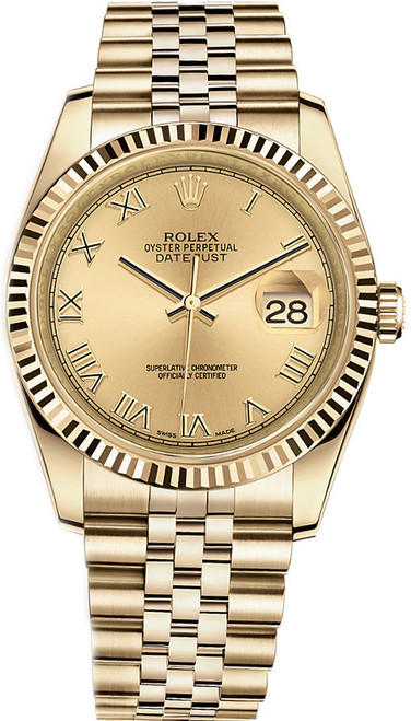 ROLEX Datejust 36 Champagne Roman Numeral Gold Watch 116238-0070 Image 1