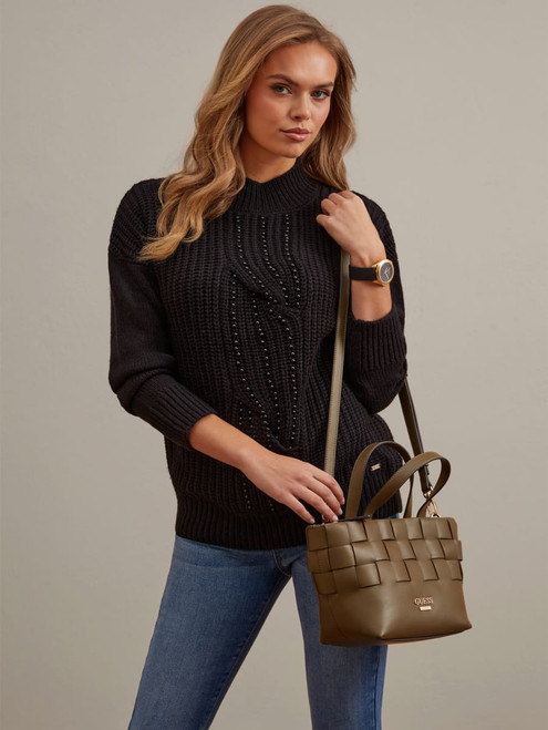 GUESS Bordizzo Woven Small Satchel GREEN Image 1