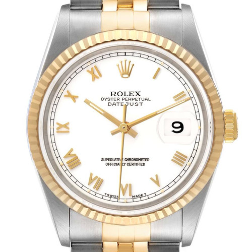 ROLEX Datejust White Roman Dial Steel Yellow Gold Mens Watch 16233 Image 1