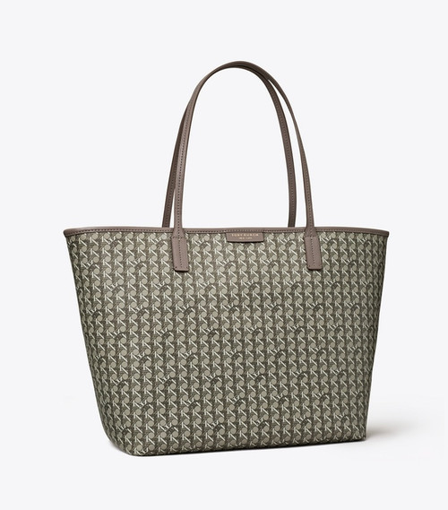 Tory Burch [] T Monogram Coated Canvas Tote Bag Gray White Zip
