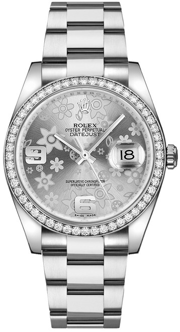 ROLEX Datejust 36 Silver Floral Diamond Watch 116244 Image 1 ROLEX Datejust 36 Silver Floral Diamond Watch 116244 Image 1