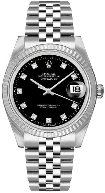 ROLEX Datejust 36 Black Diamond Dial Steel & 18K White Gold Unisex Watch 16234 Image 1 ROLEX Datejust 36 Black Diamond Dial Steel & 18K White Gold Unisex Watch 16234 Image 1