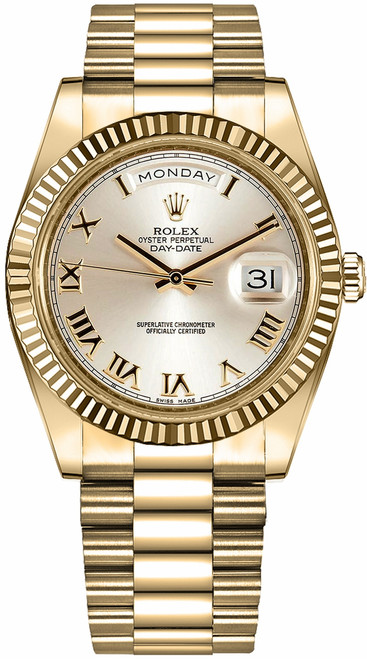 ROLEX Day-Date 41 Silver Roman Numeral Dial Men'S Gold Watch 218238 Image 1