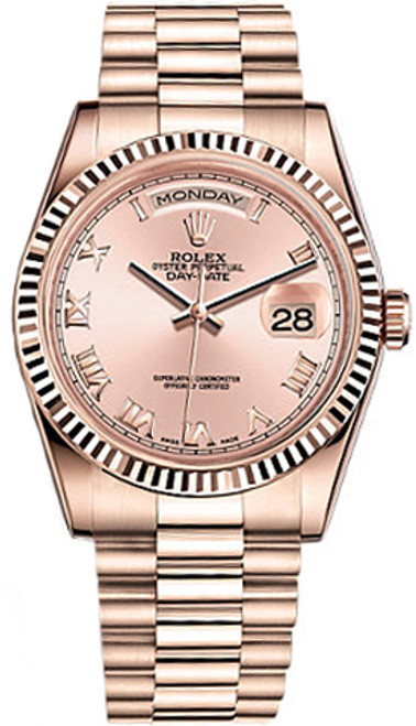 ROLEX Day-Date 36 Pink Roman Numeral Dial Gold Watch 118235 Image 1