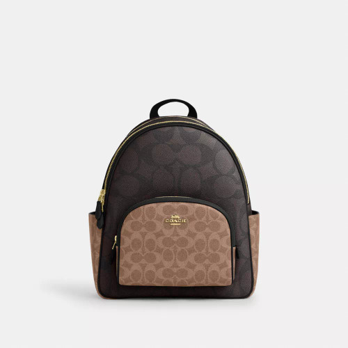 Coach Court Backpack In Blocked Signature Canvas - Signature Canvas/Gold/Walnut/Tan