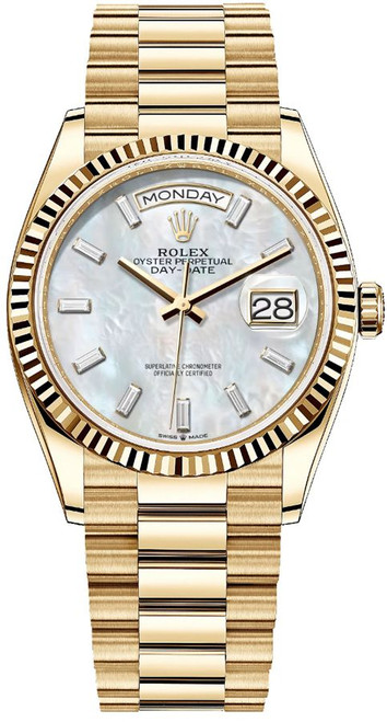 ROLEX Day-Date 36 White Mother Of Pearl Dial Diamonds Unisex Watch 128238-0123 Image 1