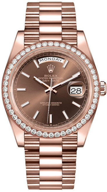 ROLEX Day-Date 40 Chocolate Dial Diamond Bezel Men'S Watch 228345Rbr-0024 Image 1 ROLEX Day-Date 40 Chocolate Dial Diamond Bezel Men'S Watch 228345Rbr-0024 Image 1