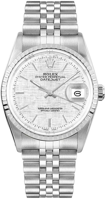 ROLEX Datejust 36 Silver Linen Dial Engine Turned Bezel Unisex Watch 16030 Image 1